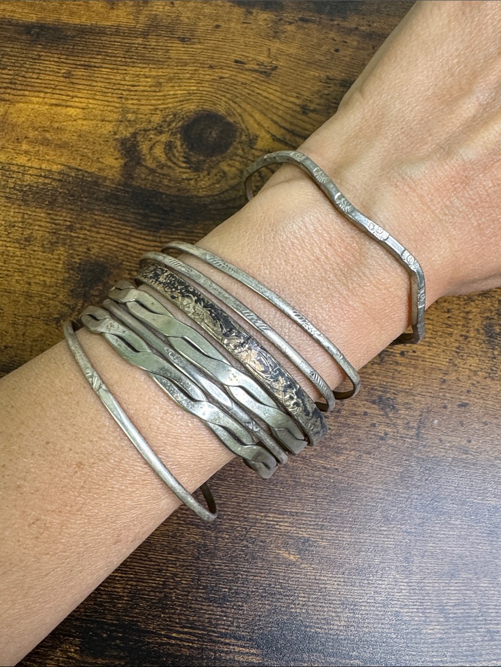 Silver Alpaca Twisted Stackable Bangle Set - Mexico Vintage Patina